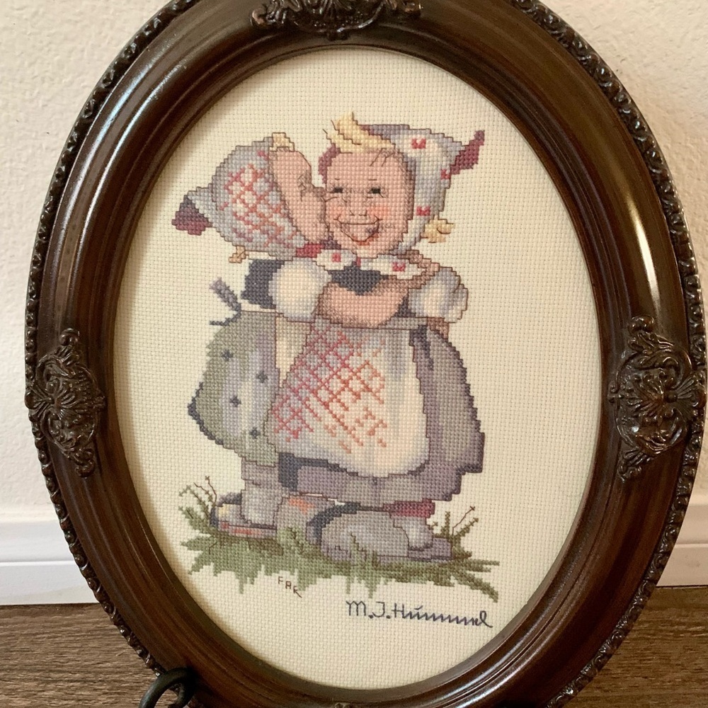 Vintage Wooden Frame Cross Stitch Hummel Picture 11/14”
